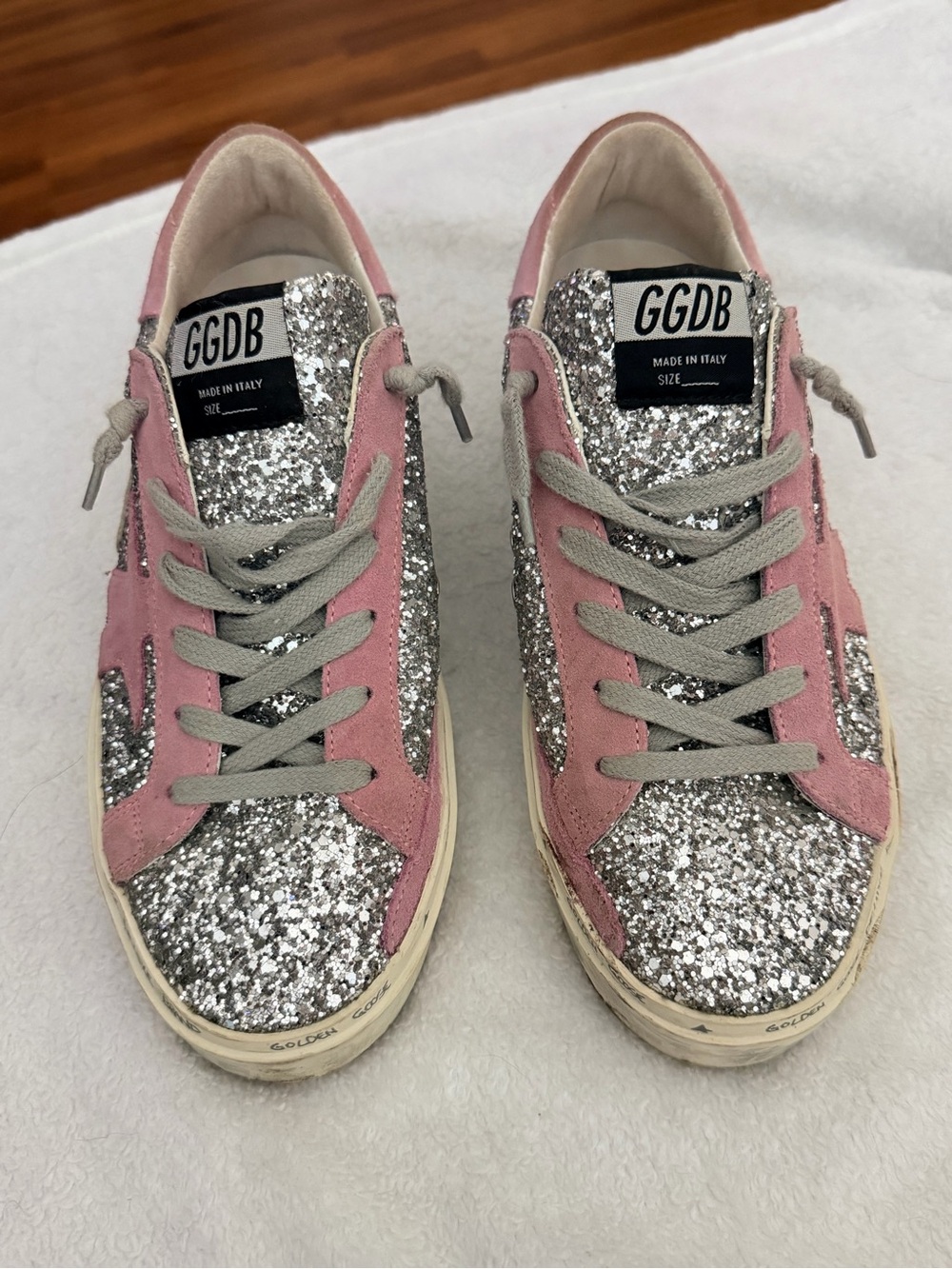 Golden Goose Hi Star Sneakers - Silver Glitter & Pink Suede Star (Size 38)